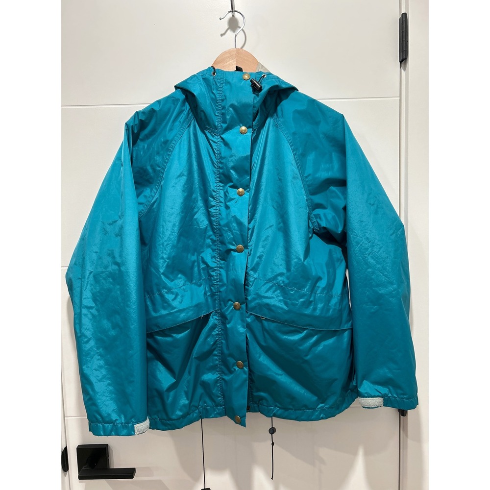 Vintage LL Bean Gore-Tex Rain Jacket Womens Large Teal Blue Made in USA Hooded